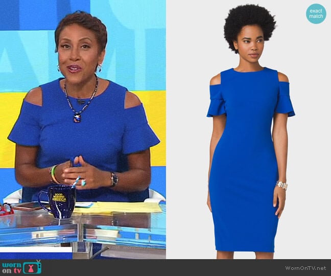 Dressbarn Crepe Ruffled Cold-Shoulder Sheath Dress worn by Robin Roberts on Good Morning America