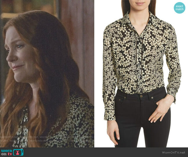 Equipment Leema Raw Edge Floral Silk Shirt worn by Abby Whelan (Darby Stanchfield) on Scandal