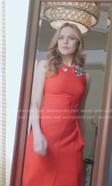 Fallon’s red embellished neck dress on Dynasty