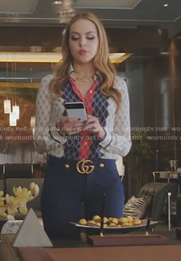 Fallon’s Gucci diamond print shirt and blue GG detail pants on Dynasty
