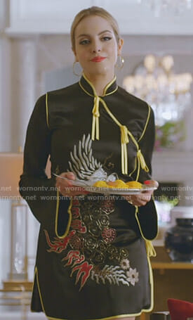Fallon’s black embroidered dragon mini dress on Dynasty