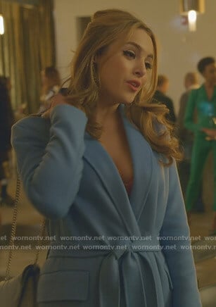 Fallon’s blue wrap long coat on Dynasty