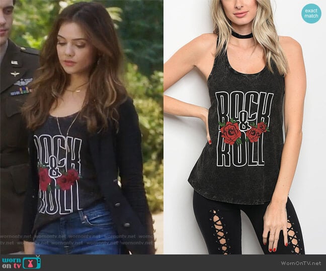 Forever Lily Black Rock & Roll Rose Racerback Tank worn by Harper Tate (Danielle Campbell) on Famous in Love