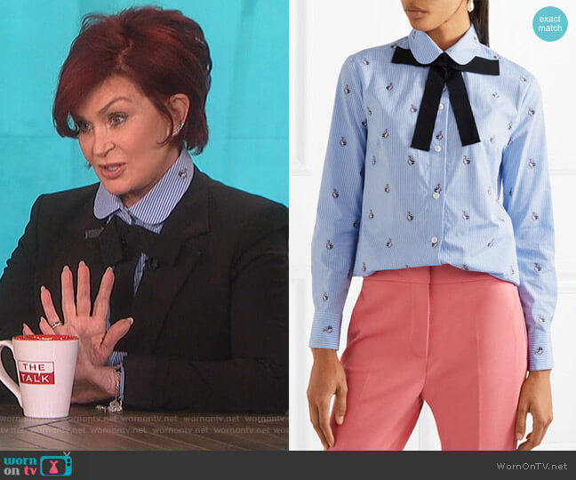 Gucci Bow-embellished embroidered striped cotton shirt worn by Sharon Osbourne on The Talk