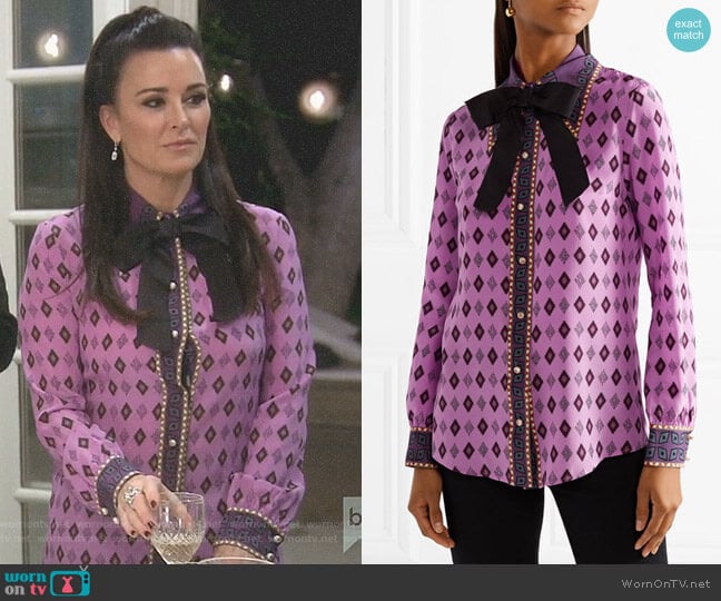 Gucci Bow-embellished Silk Shirt worn by Kyle Richards on The Real Housewives of Beverly Hills