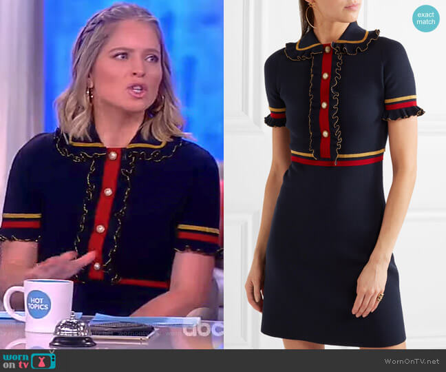 Gucci Faux pearl-embellished ruffled wool-blend mini dress worn by Sara Haines on The View