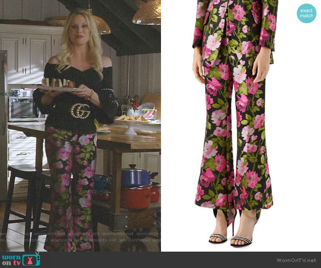 Gucci Floral Jacquard Flare Pants worn by Alexis Carrington (Elaine Hendrix) on Dynasty