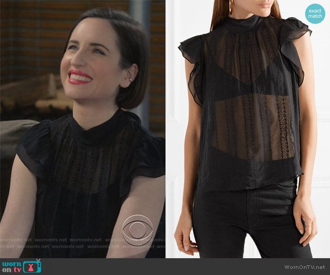 Ulla Johnson Heddy embroidered silk-georgette top worn by Jennifer Short (Zoe Lister-Jones) on Life in Pieces