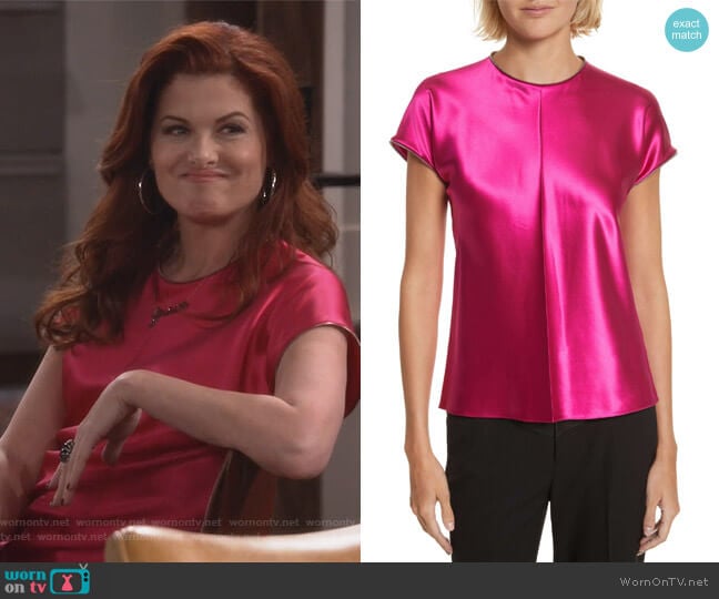 Helmut Lang Zipper Detail Lacquered Silk Top worn by Grace Adler (Debra Messing) on Will and Grace