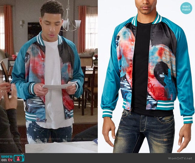 Hypnotize Biggie Graffiti Bomber Jacket worn by Andre Johnson Jr (Marcus Scribner) on Black-ish