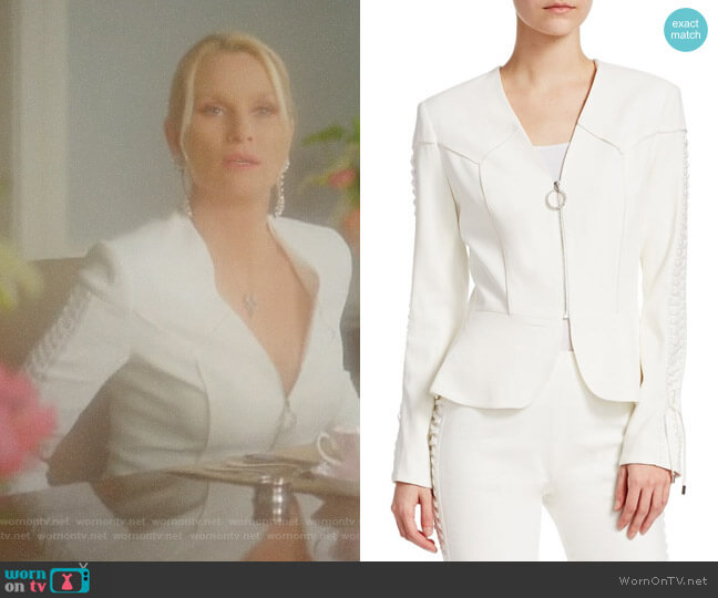 Jonathan Simkhai Crepe Peplum Blazer worn by Alexis Carrington (Elaine Hendrix) on Dynasty