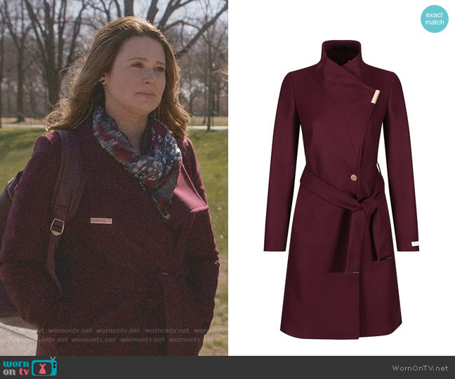 Ted Baker Kikiie Coat in Maroon worn by Quinn Perkins (Katie Lowes) on Scandal