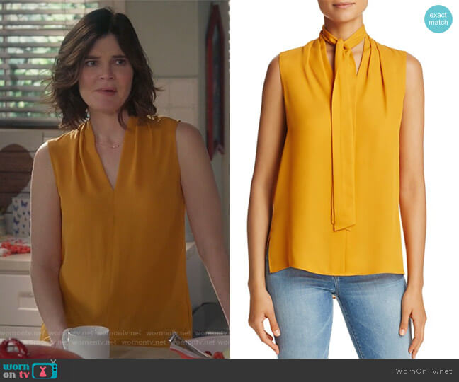 Kobi Halperin Tie Neck Sleeveless Silk Blouse worn by Heather Hughes (Betsy Brandt) on Life in Pieces