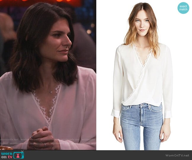 LAgence Rosario Lace Trimmed Silk Top worn by Leslie Curry (Lindsey Kraft) on Living Biblically