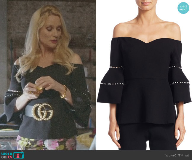 Lela Rose Off-The-Shoulder Bell-Sleeve Top worn by Alexis Carrington (Elaine Hendrix) on Dynasty