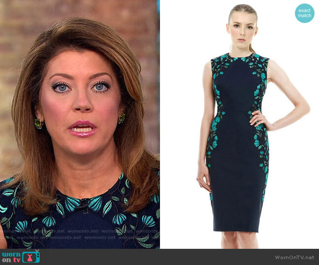 Lela Rose Vine Embroidered Tulle Sheath Dress worn by Norah O'Donnell on CBS Mornings