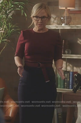Linda’s red and navy belted dress on Lucifer