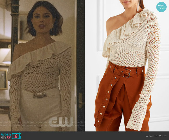 Magda Butrym Natal One-Shoulder Ruffled Crocheted Bodysuit worn by Cristal Flores (Nathalie Kelley) on Dynasty