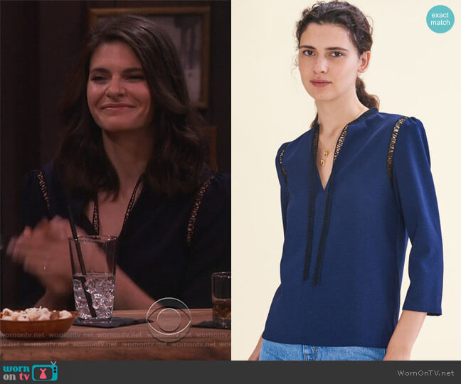 Maje Blouse with Braid Trim worn by Leslie Curry (Lindsey Kraft) on Living Biblically