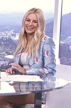 Morgan’s blue bird print jacket and shorts on E! News Daily Pop