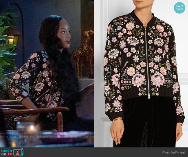 Needle & Thread Embellished Chiffon Bomber Jacket worn by Tangey Turner (Pepi Sonuga) on Famous in Love