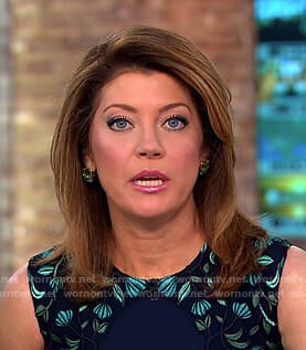 Norah’s navy and green embroidered sleeveless dress on CBS This Morning