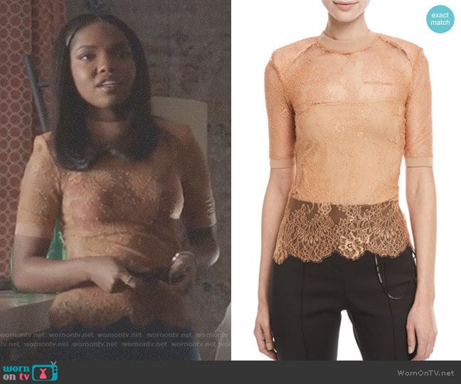 Off-White Short-Sleeve Crewneck Sheer Lace Top worn by Alexandra Crane (Ryan Destiny) on Star