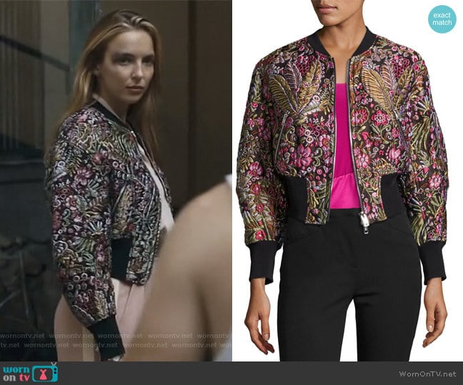 3.1 Phillip Lim Floral Jacquard Cloqué Bomber Jacket worn by Villanelle (Jodie Comer) on Killing Eve