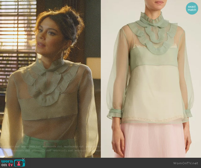 Prada Ruffle-Trimmed Organza Top worn by Cristal Flores (Nathalie Kelley) on Dynasty