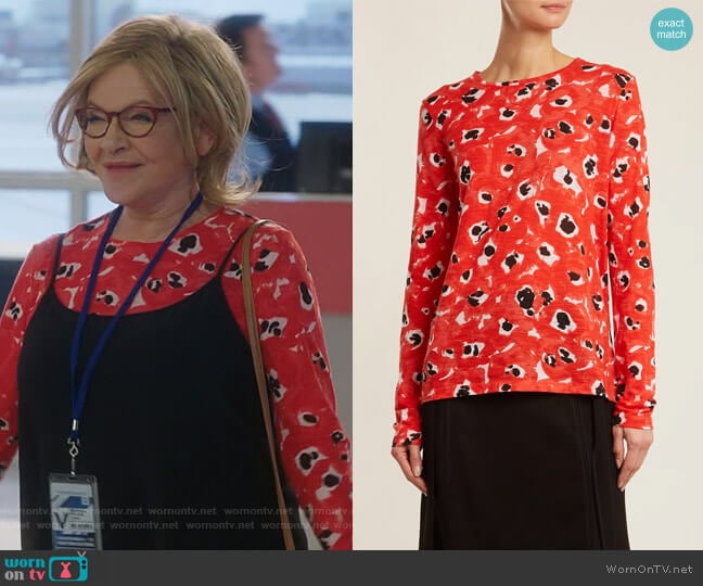 Proenza Schouler Floral Cotton Jersey Long Sleeve T-Shirt worn by Joan Short (Dianne Wiest) on Life in Pieces