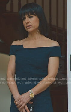 Quinn’s navy off-shoulder sheath dress on UnReal