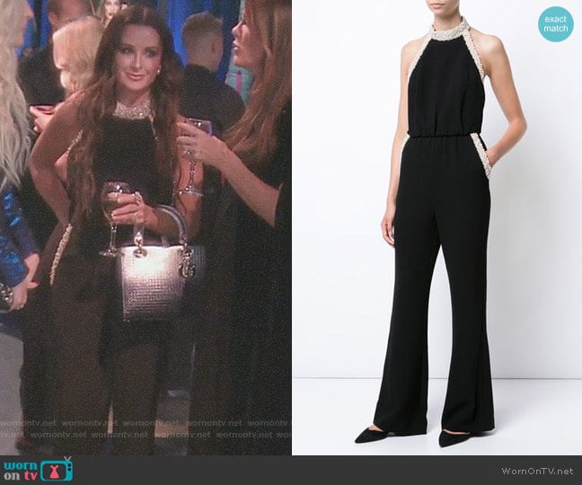 Rachel Zoe Pearl Trim Halter Neck Jumpsuit worn by Kyle Richards on The Real Housewives of Beverly Hills