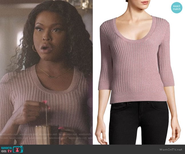 Rebecca Taylor Scoopneck Fitted Metallic Ribbed Top worn by Cotton (Amiyah Scott) on Star