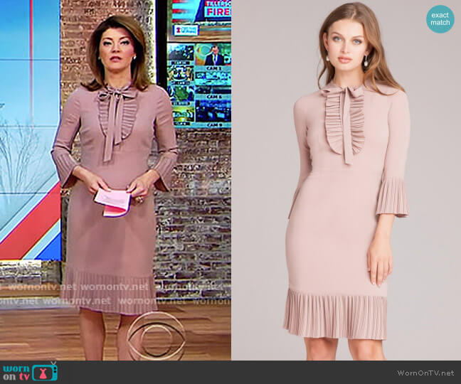Teri Jon Tie-Neck Dress with Pleated Trim worn by Norah O'Donnell on CBS Mornings