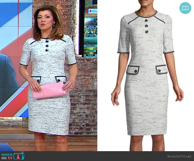 Rickie Freeman for Teri Jon Tweed Stretch Boucle Knee-Length Dress worn by Norah O'Donnell on CBS Mornings