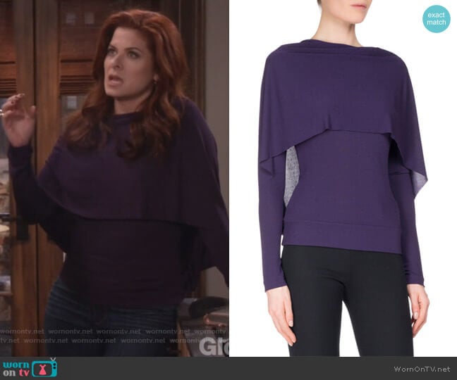 Roland Mouret Bagnet Cowl-Neck Long-Sleeve Top worn by Grace Adler (Debra Messing) on Will and Grace