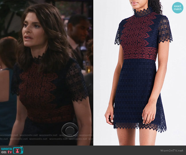 Sandro Contrasting panel lace dress worn by Leslie Curry (Lindsey Kraft) on Living Biblically