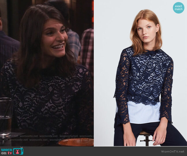 Sandro Lace and Printed Striped Top worn by Leslie Curry (Lindsey Kraft) on Living Biblically
