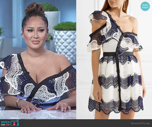 Self Portrait One-shoulder striped guipure lace mini dress worn by Adrienne Houghton on The Real