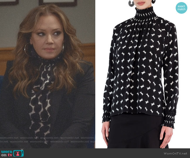 Akris Punto Smocked Punto Dot Lace Silk Blouse worn by Vanessa Cellucci (Leah Remini) on Kevin Can Wait