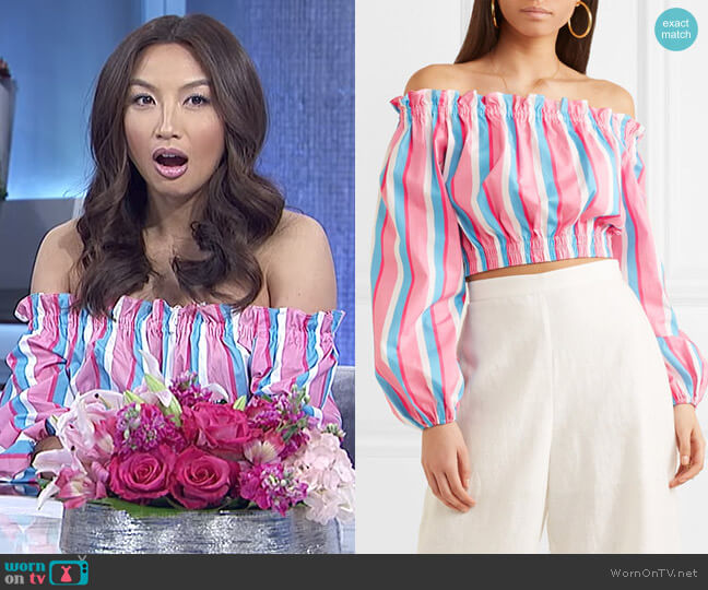 Staud Fair off-the-shoulder striped stretch-cotton poplin top worn by Jeannie Mai on The Real