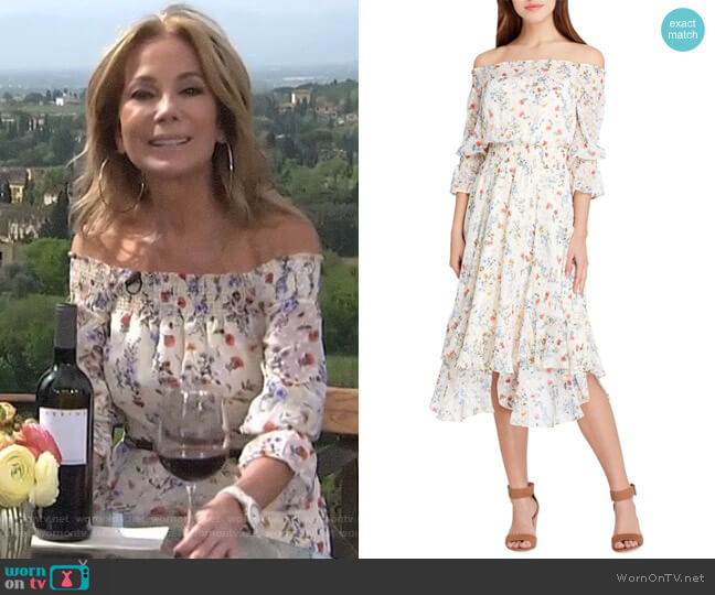 Tahari ASL Off-the-Shoulder Floral Ruffle Dress worn by Kathie Lee Gifford on Today