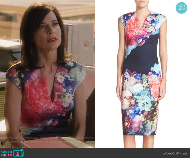 Ted Baker Brynee Floral Print Neoprene Sheath Dress worn by Nina Devon (Perrey Reeves) on Famous in Love