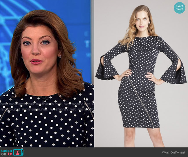 Teri Jon Polka Dot Zipper Dress worn by Norah O'Donnell on CBS Mornings