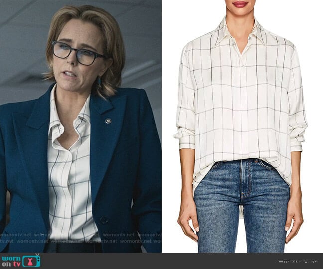 The Row Sisea Windowpane-Checked Silk Satin Blouse worn by Elizabeth McCord (Téa Leoni) on Madam Secretary