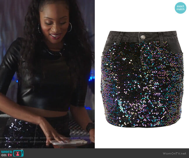 Topshop Moto Sequin Denim Mini Skirt worn by Tangey Turner (Pepi Sonuga) on Famous in Love