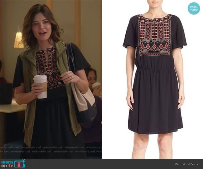Tory Burch Bristol Boho Silk Short Sleeve Embroidered Dress worn by Heather Hughes (Betsy Brandt) on Life in Pieces