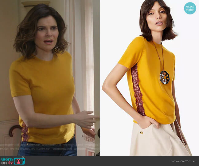Tory Burch Ruby Lace Inset Sweater worn by Heather Hughes (Betsy Brandt) on Life in Pieces