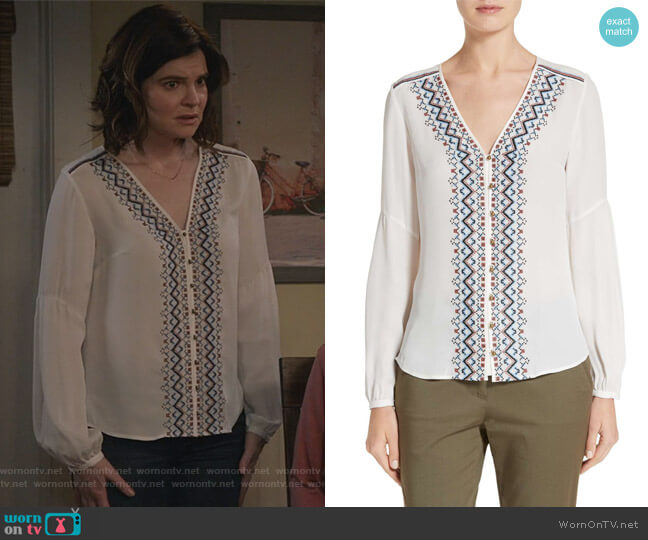 Veronica Beard Dream Embroidered Silk Blouse worn by Heather Hughes (Betsy Brandt) on Life in Pieces