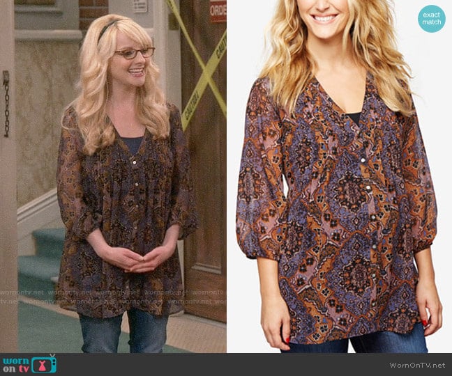 A Pea in the Pod Maternity Printed Blouse in Blue Paisley worn by Bernadette Rostenkowski (Melissa Rauch) on The Big Bang Theory